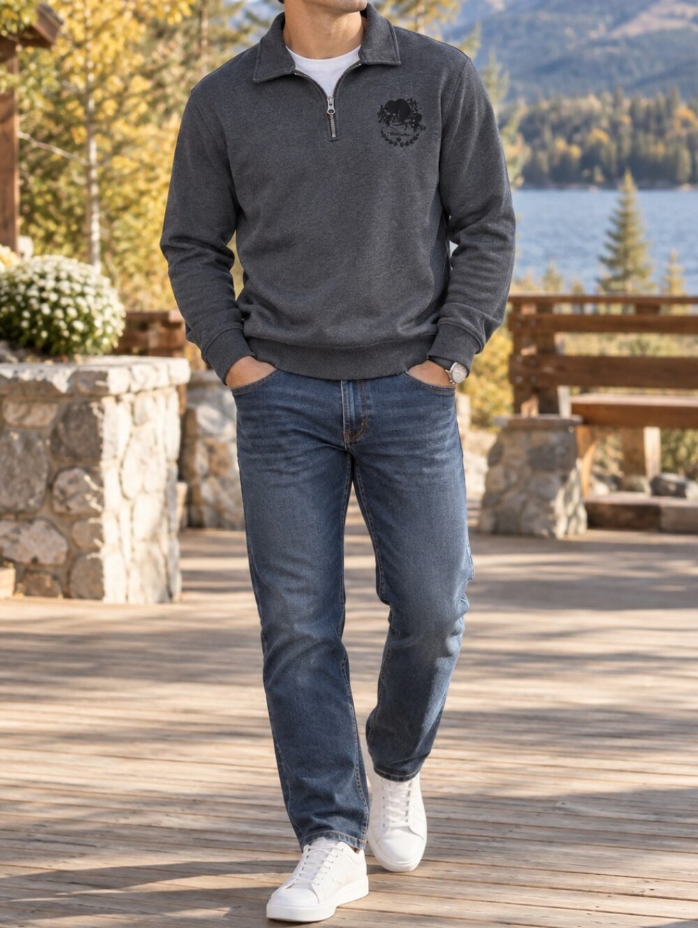 Roots Men’s Heather Charcoal Quarter Zip Logo Sweater Cotton Blend Stretch Work